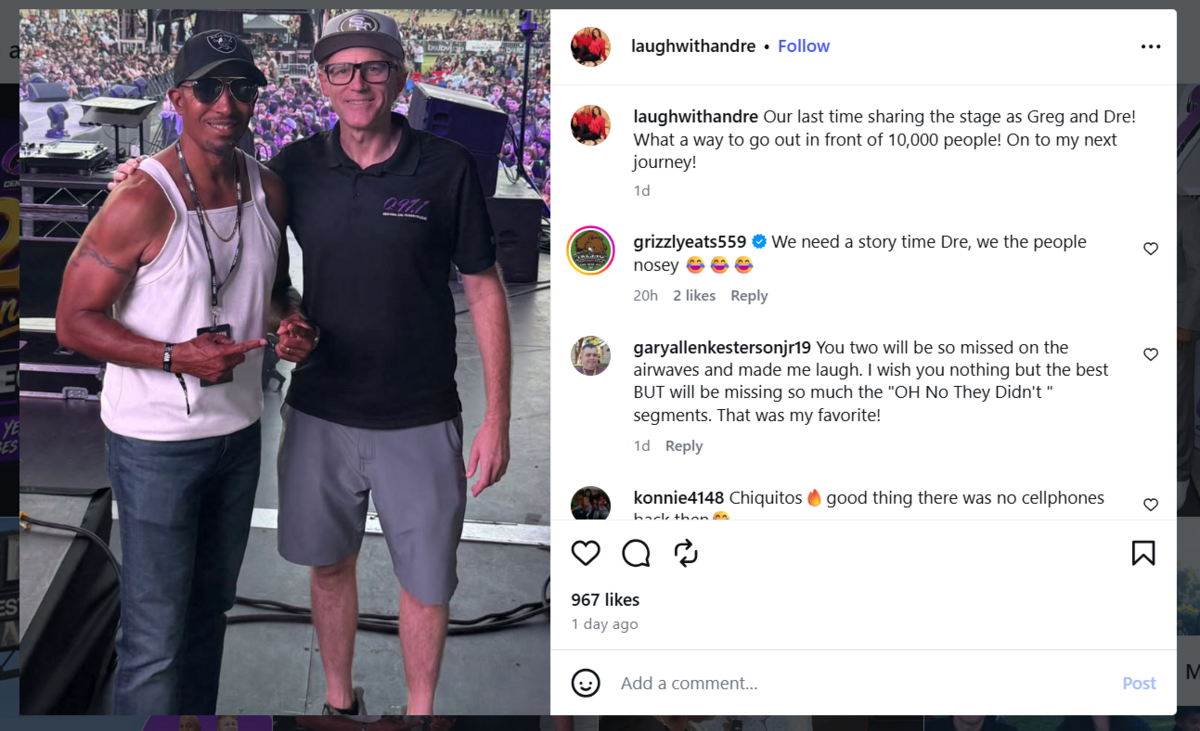 Andre Covington and Greg Hoffman, hosts of the “Greg and Dre” morning show, on stage after announcing its retirement from Fresno’s Q97.1.